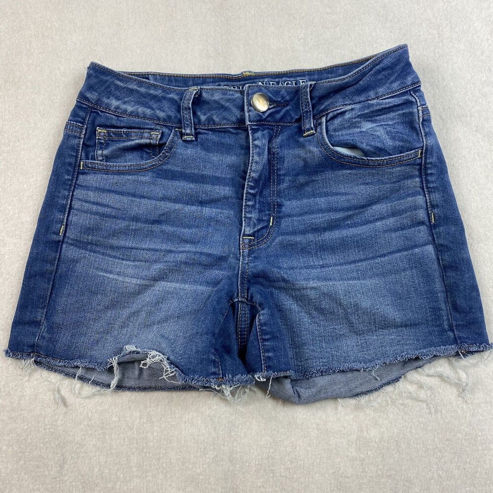 America Eagle Womens Hi Rise Shortie Shorts Size 4 Medium Wash Distressed